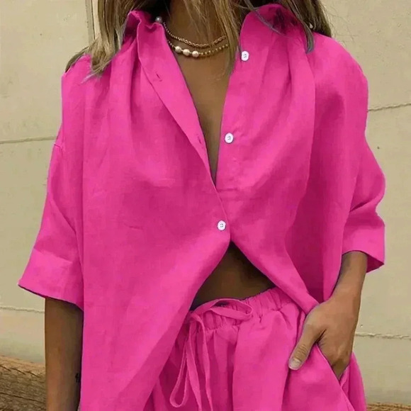 Hot Pink Casual Women's Summer Solid Color Drop-Shoulder Shirt And Loose Shorts - Picture 1 of 7